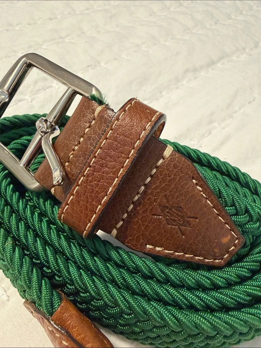 Braided Green Belt with Brown Leather Trim